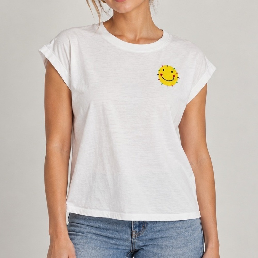 Kerri Rosenthal Sunshine Frame of Mind Smiley Face T-Shirt Medium White Graphic